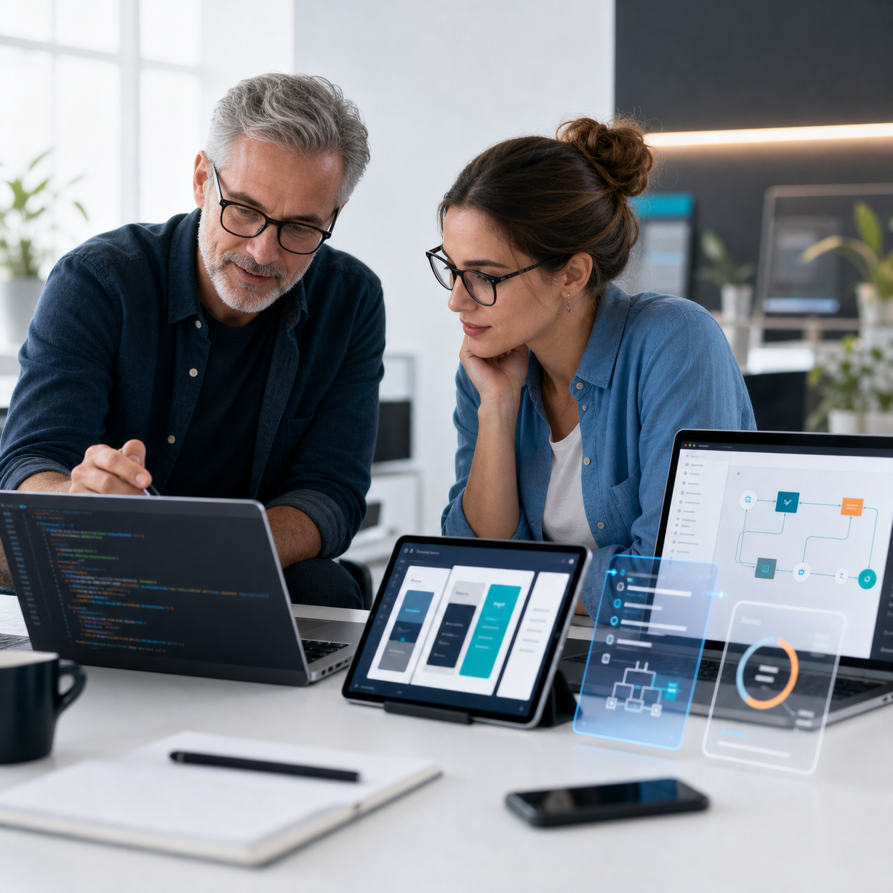 Developers collaborating around web, mobile, and automation interfaces